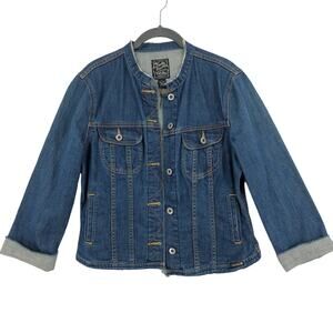 Lucky Brand Denim Jacket Womens Large Blue Reworked Distressed Button Front